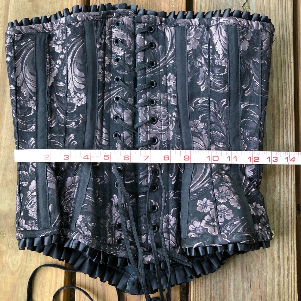 25” Overbust Corset Ruffle Black Pink Lilac Pattern Damask Jacquard Witchy Fairy - Picture 6 of 12